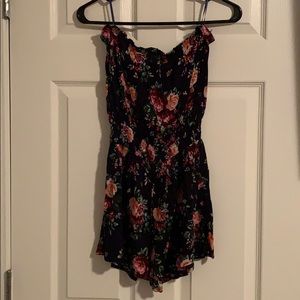 Strapless navy blue floral romper